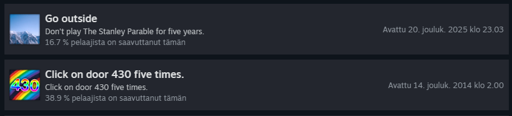 Stanley Parable achievement "Go Outside", awarded for not playing Stanley Parable for 5 years. Awarded after 11 years of inactivity.