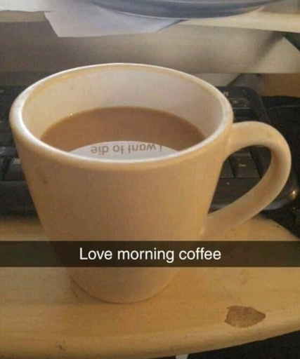 A photo of a cup of coffee with caption, "Love morning coffee." But upside down in the reflection in the cup is the words, "I want to die'– revealing the drinker's true feelings.