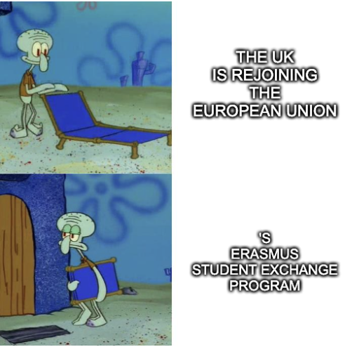 It's the Squidward lounger meme: he puts out his lounger when "The UK is rejoining the European Union", and takes it back indoors with a sour face at "'s Erasmus student exchange program"