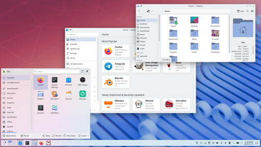 A vew of KDE's new Plasma 6.4 beta desktop. In the foreground you can see the Dolphin file/folder manager, Discover for installing software, and the launch menu