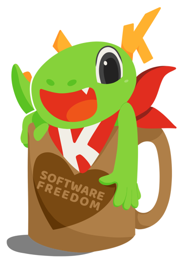 A digital transparent image of Konqi, a small, anthro, lime green dragon sitting in a coffee cup. He has antlers which resemble a K shape, as well as a red scarf with a white K on it (referencing his name and also the KDE logo). Konqi has a huge smile with a small fang visible, and his tail pokes out of our left of the cup. One of his hands grips the top of the cup, while the other hands down low on our right side. The coffee cup has a large heart on it, with text inside that reads: software freedom.