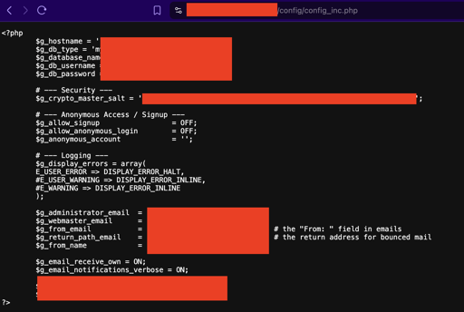 Database credentials and cryptographic secrets exposed during Debian system upgrade. The secrets have been censored with red blocks.